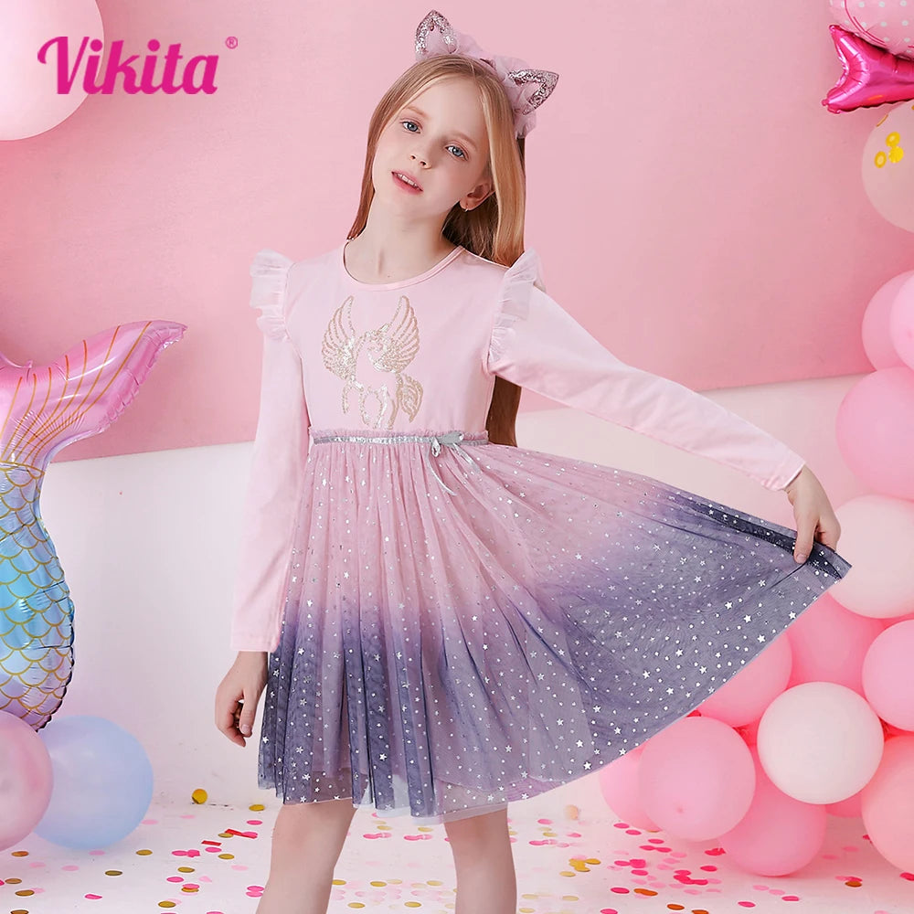 VIKITA Girls Autumn Spring Flare Sleeve Dress Kids Licorne Print Gradient Dresses Kids Birthday Party Princess Pink Mesh Dresses