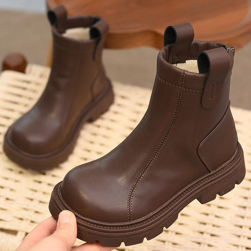 Girls' short boots, genuine leather, children's cotton boots, soft soled leather boots, children's shoes, 2025 autumn and winter