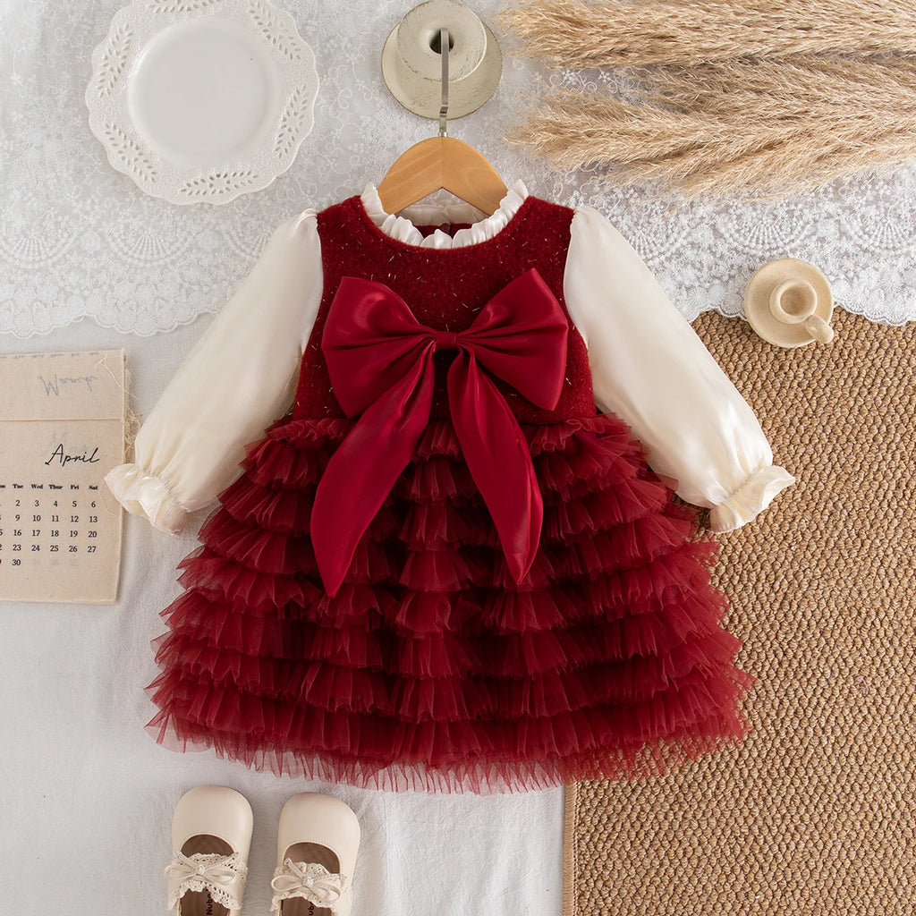 Christmas Party Dress! Winter New Red Bow Baby Girl Dress, Princess Style Children'S Clothing (9 Months -3 Years Old)