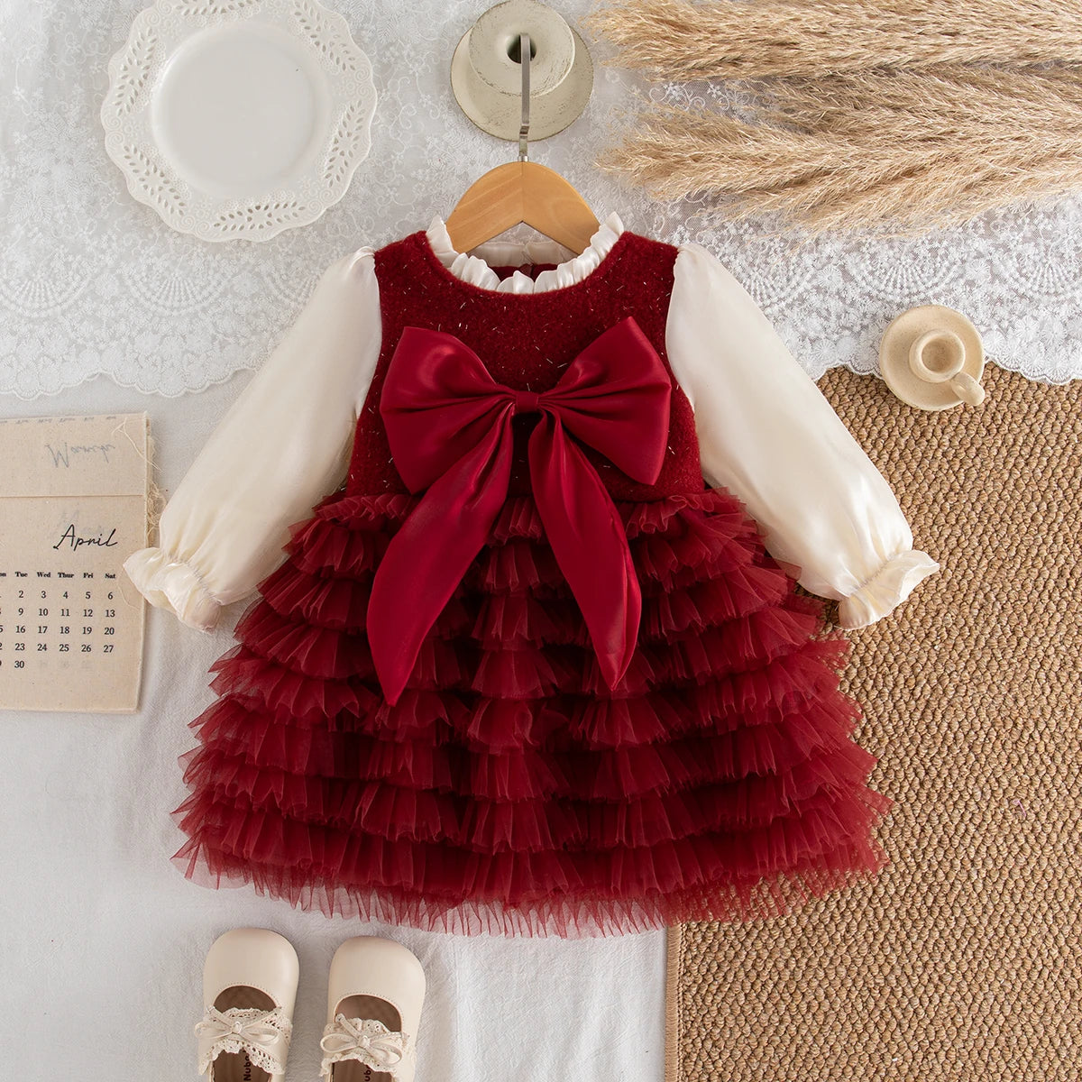 Christmas Party Dress! Winter New Red Bow Baby Girl Dress, Princess Style Children'S Clothing (9 Months -3 Years Old)
