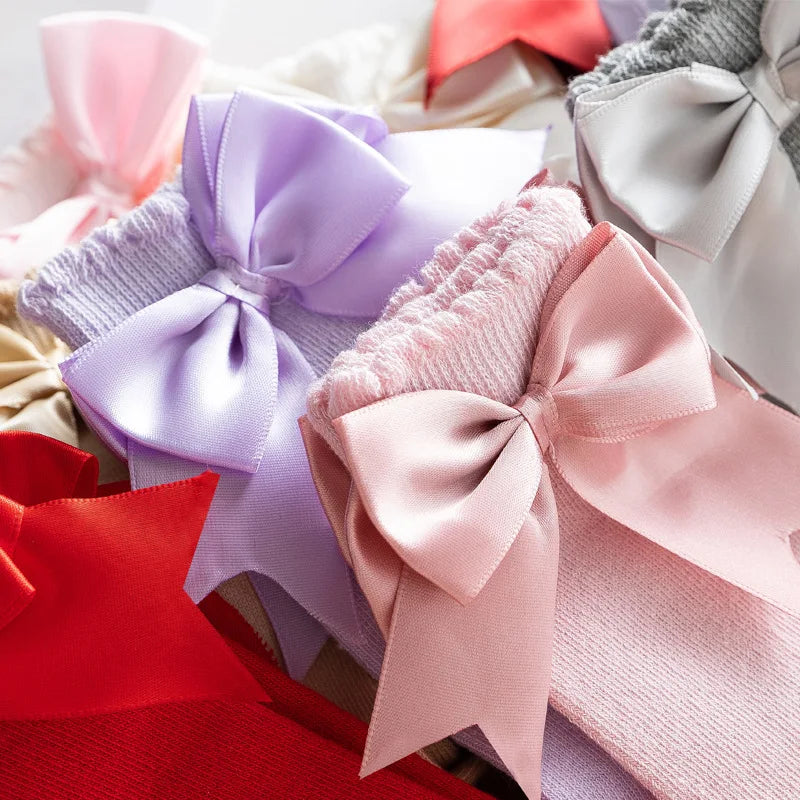 1 Pair Spanish Style Girls Socks Solid Color Big Bow 100% Cotton Baby Children Toddlers Long Socks Princess Knee High Socks