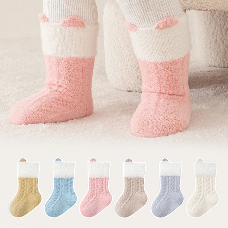 3/6 Pairs Newborn Socks Autumn Winter Thick Solid Color Kids Socks Mid-Tube Baby Socks For Boys And Girls
