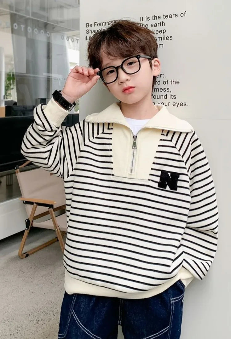 Boys' Medium-Large 2025 Spring/Autumn Korean Style Large Collar Black & White Striped No Hood Sweatshirt