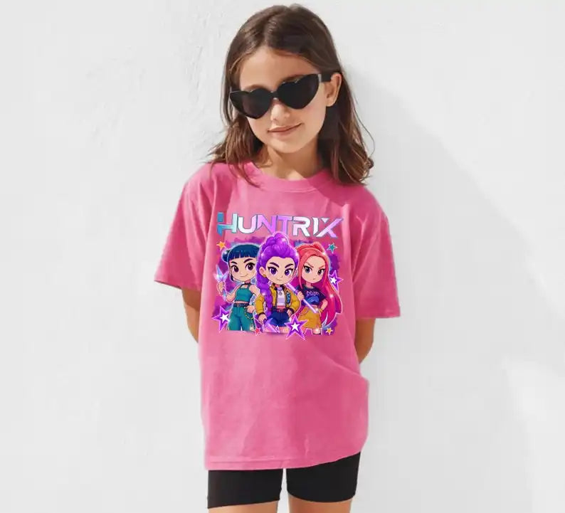 2025 Hot Huntrix Kpop Demon Hunters T-Shirt for Boys Girls Fans Gift Summer Crew Neck Short Sleeve Tees Fashion Kids T-shirt