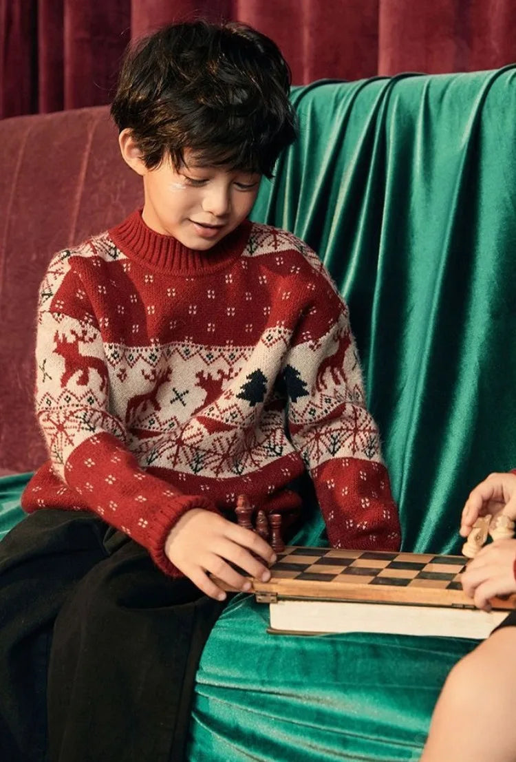 Kids' Christmas Thickened Fleece-Lined Pullover Sweater - Korean Style Warm Baby Boy & Girl Red Holiday Knitwear for Toddler