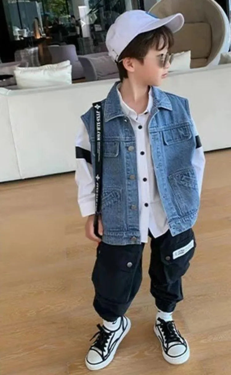 Kids Boys' Korean Style Denim Vest Jacket Spring Autumn Outerwear Versatile Stylish Kids' Clothing