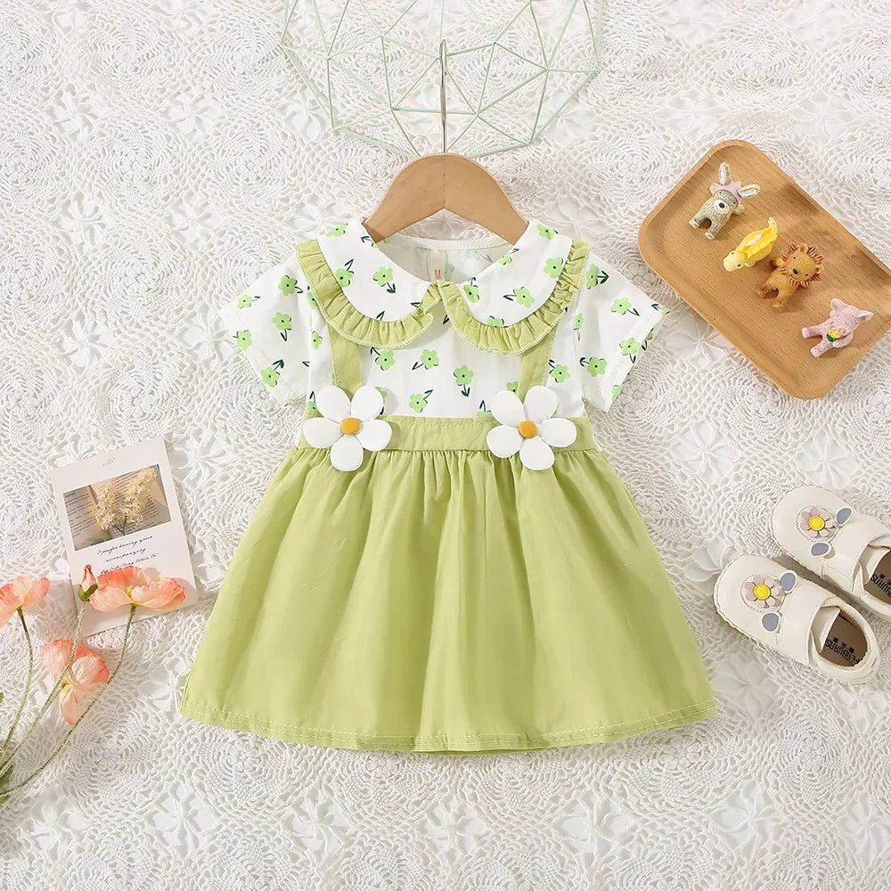 Summer New Style Fake Two Short Sleeved Baby Girl Dress, Small Floral Petal Collar Children'S Clothing (6-24 Months)