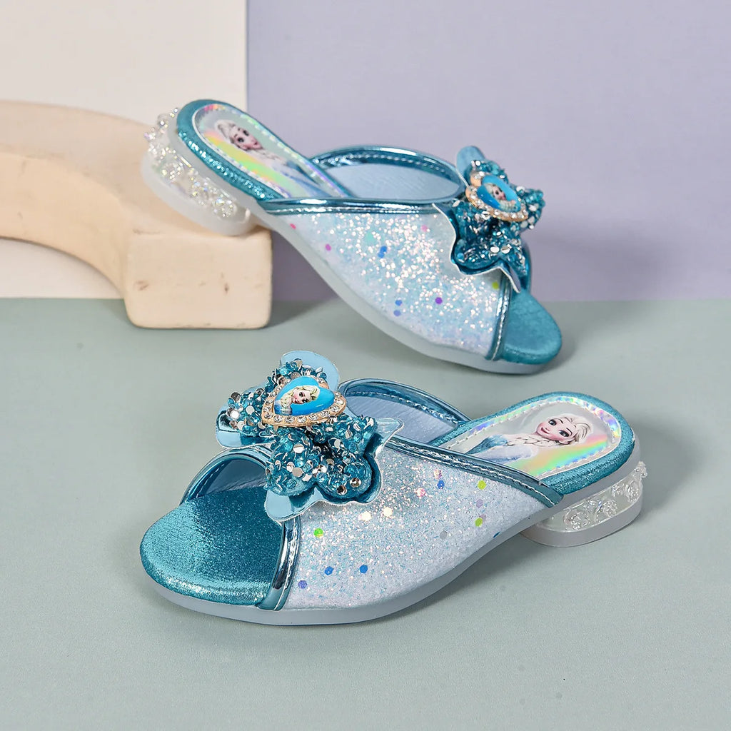 Disney Kids Princess Shoes Frozen Elsa Bowknot Low Heel Slippers Casual Baby Girls Party Wedding Leather Blue Shoes Size 27-36