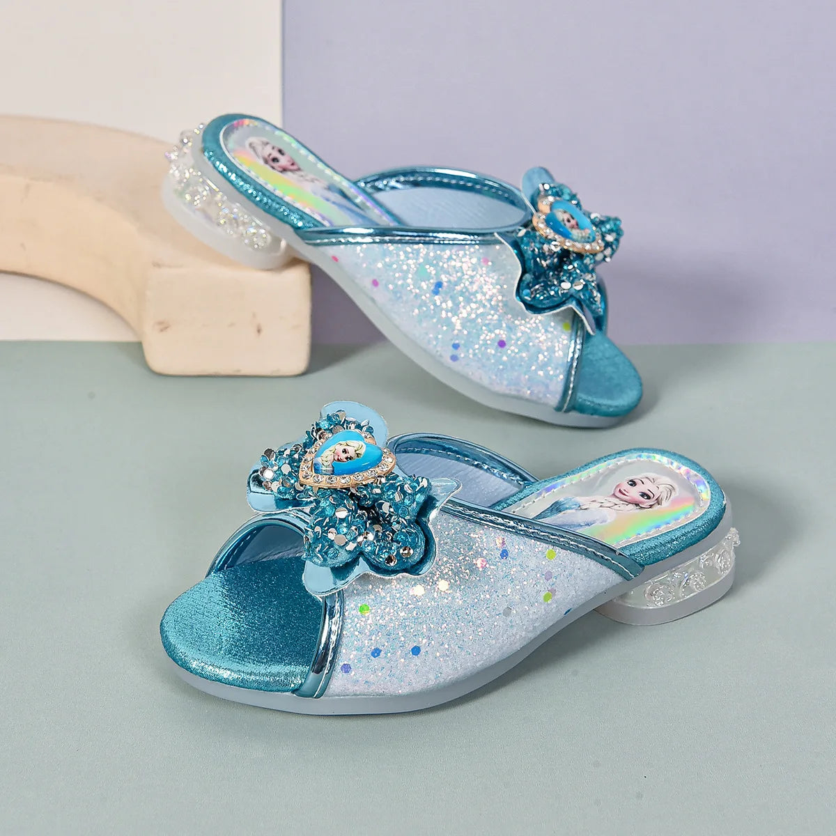 Disney Kids Princess Shoes Frozen Elsa Bowknot Low Heel Slippers Casual Baby Girls Party Wedding Leather Blue Shoes Size 27-36