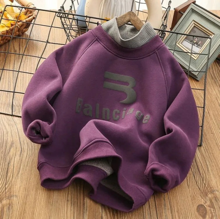Boys' Big Kids Winter 2025 New Fake Two-Piece Fleece-Lined Mid-Collar Thickened Stylish Base Layer Sweatshirt Tops
