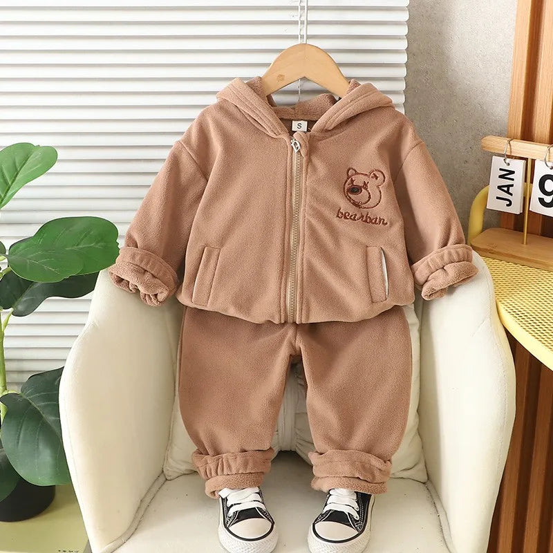 Autumn Winter Baby Boys Warm Clothes Set Thick Fleece Cartoon Bear Zipper Hooded Jacket Pants 2Pc For 1-5 Years Girls Sport Suit