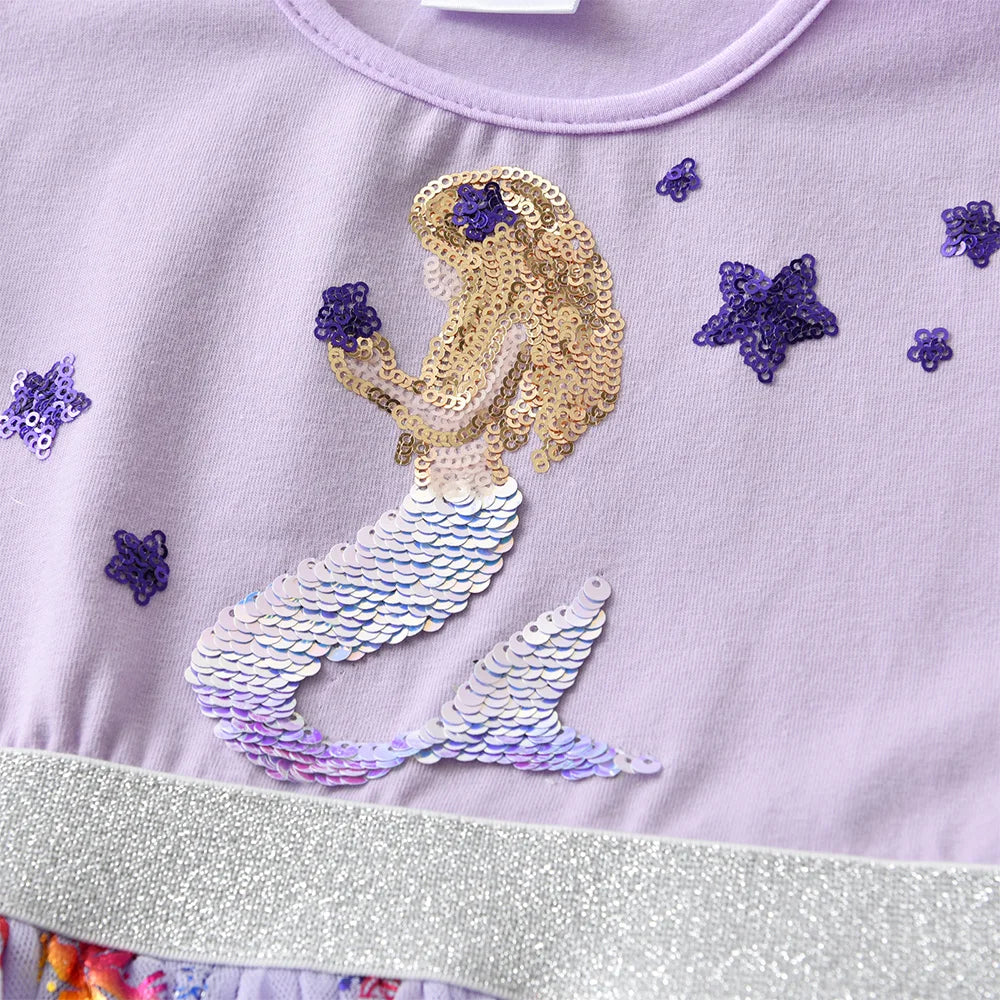 VIKITA New Children Clothes Girls Summer Flare Sleeve Purple Dress Kids Mermaid Sequins Mesh Tulle Princess Party Tutu Vestidos