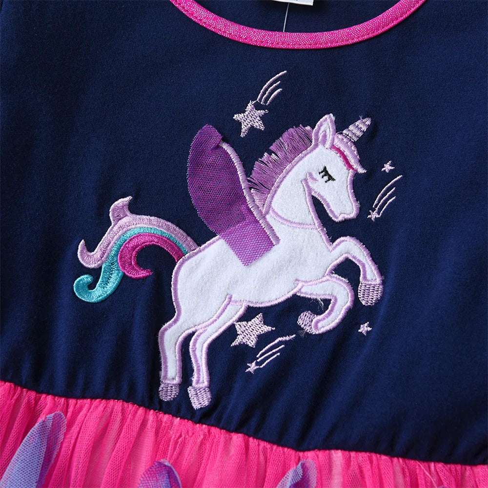 VIKITA Girls Multicolor Tulle Dress Kids Licorne Print Long Sleeve Irregular Tutu Dress for Autumn Teenagers Party Prom Gown