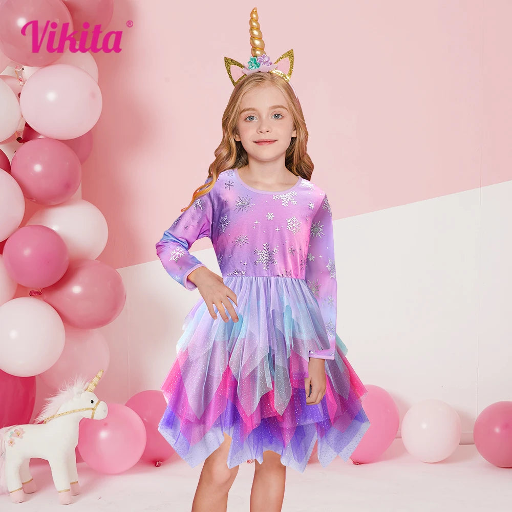 VIKITA Winter Princess Dress 2024 Long Sleeve Kids Birthday Party Prom Dress For Girls Irregular Layer Mesh Children Tutu Dress
