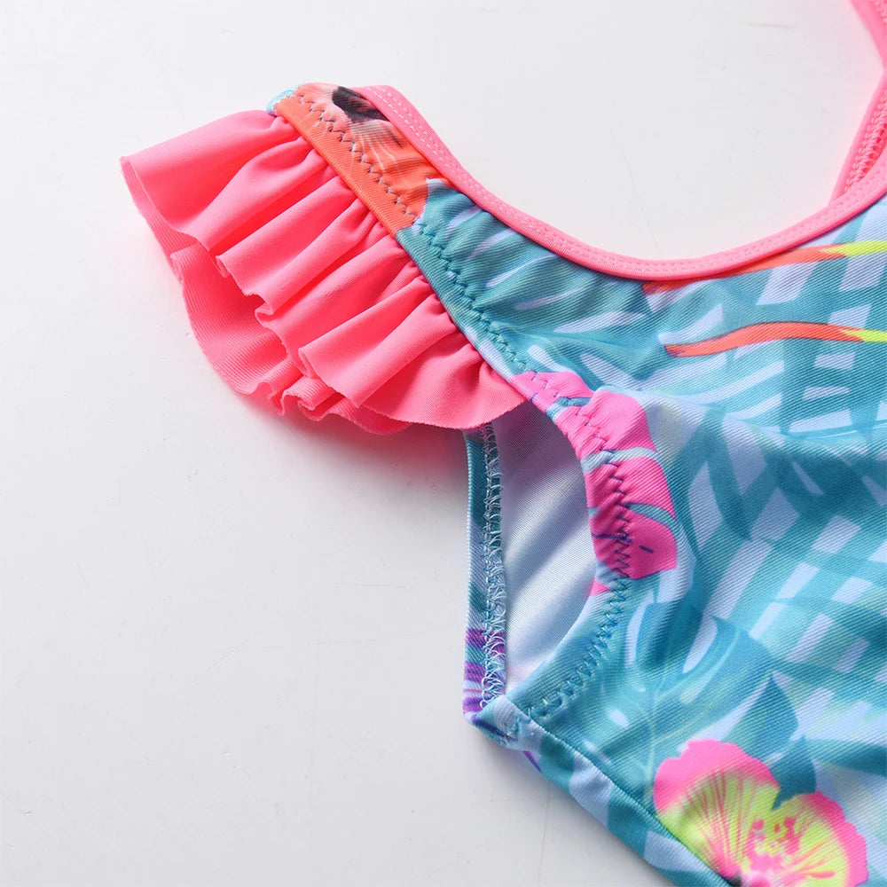 DXTON Toddler Baby Girls Swimsuits Elastic One Piece Kids Swimming Clothing Bird Flower Print Ruffled Vest Children's Beachwear