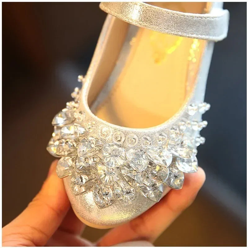 Girls Crystal Shiny Princess Shoes Kids Sweet Flats Performance Shoes Fashion Children's Leather Shoes for Party Wedding