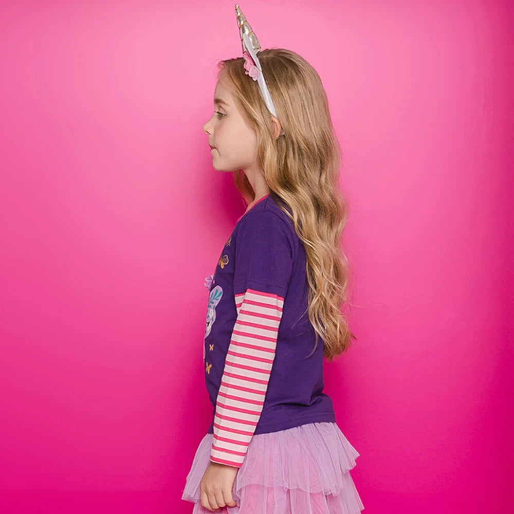 VIKITA Kids Butterfly Doll Cartoon Print T Shirt Girl Autumn Spring Long Sleeve Striped Cotton Casual Tops and Tees Kids Clothes