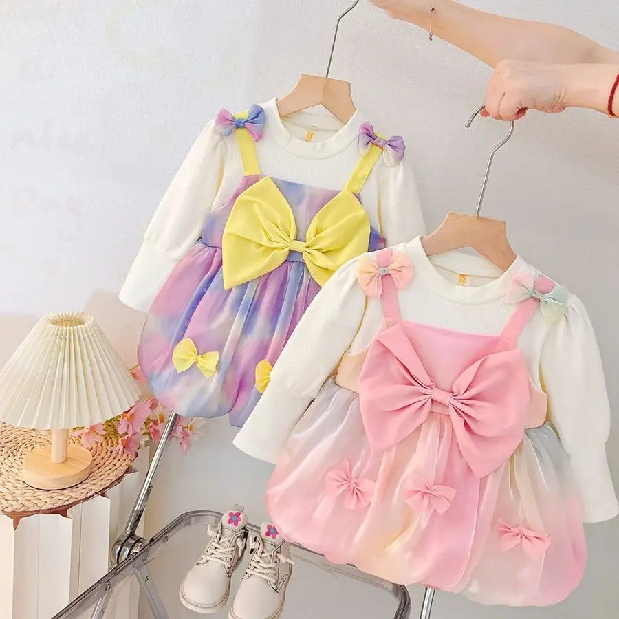 Spring And Autumn New Sweet Bow Baby Girl Dress, Colorful Gradient Skirt, Children'S Long Sleeve Clothes (9 Months -3 Years Old)