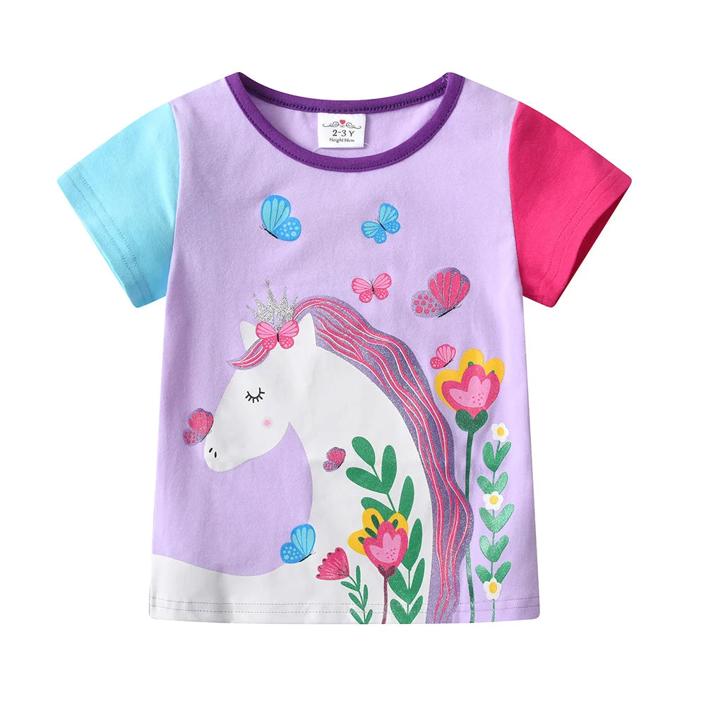 VIKITA Girls O Neck Short Sleeve Summer T Shirt Kids Unicorn Flower Cartoon Print T Shirts Girls Daily Cotton Casual Tops Wear