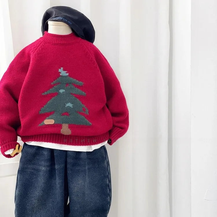 Korean Style Knitted Jacquard Sweater for Boys, Christmas/New Year Festive Crewneck Knitwear, Spring Autumn Stylish Versatile