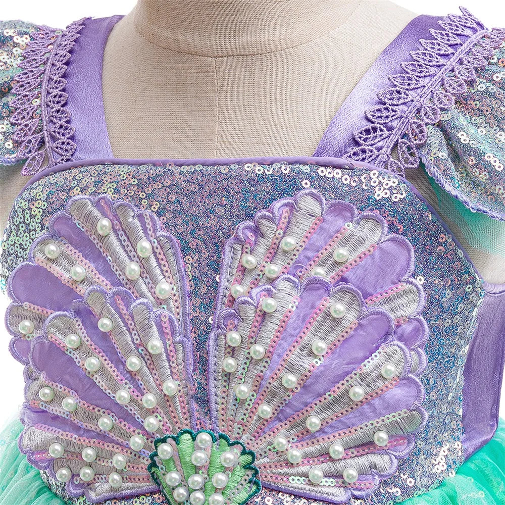 Little Mermaid Sets Cosplay Party Dress For Girl Kids Ariel Princess Gown Girls Beading Sequin Shining Dresses Children Costumes