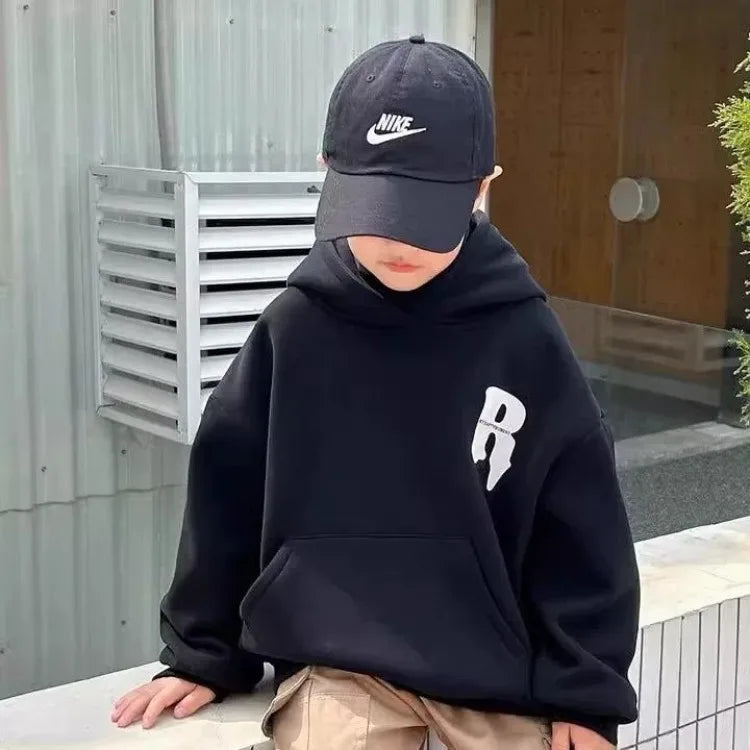 2025 New Boys' Mid-Large Maillard Fleece-Lined Hooded Hoodie - Stylish Autumn Winter Spring Kids' Top