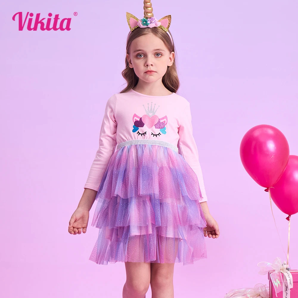VIKITA Girls Unicorn Cartoon Print Dress Kids Long Sleeve Autumn Spring Pink Dress Girls O Neck Mesh Tulle Tutu Layered Vestidos