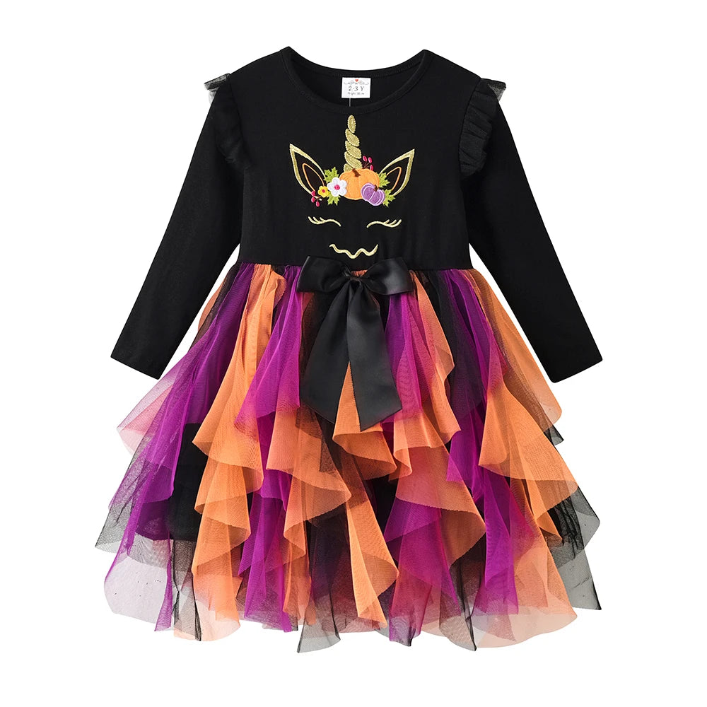 VIKITA Dress for Kids Girl Pumpkin Witches Bats Layered Mesh Tulle Princess Dress Children Cosplay Festival Halloween Costumes