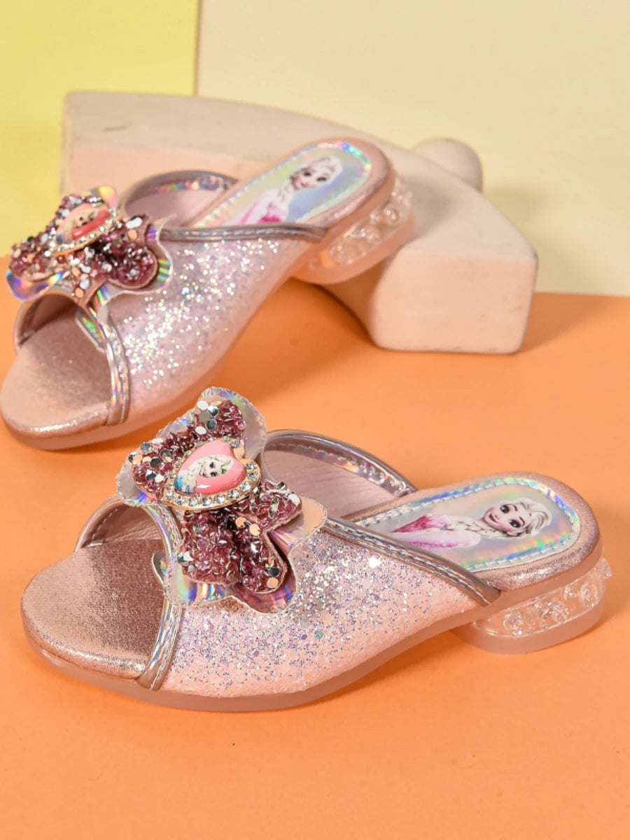 Disney Kids Princess Shoes Frozen Elsa Bowknot Low Heel Slippers Casual Baby Girls Party Wedding Leather Blue Shoes Size 27-36