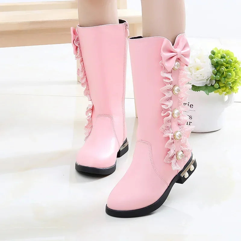 Girls Boots Autumn Winter Kids Princess Boots Lace Pearls with Bow-knot Sweet Warm Cotton Fur Lining Children Long Boots High
