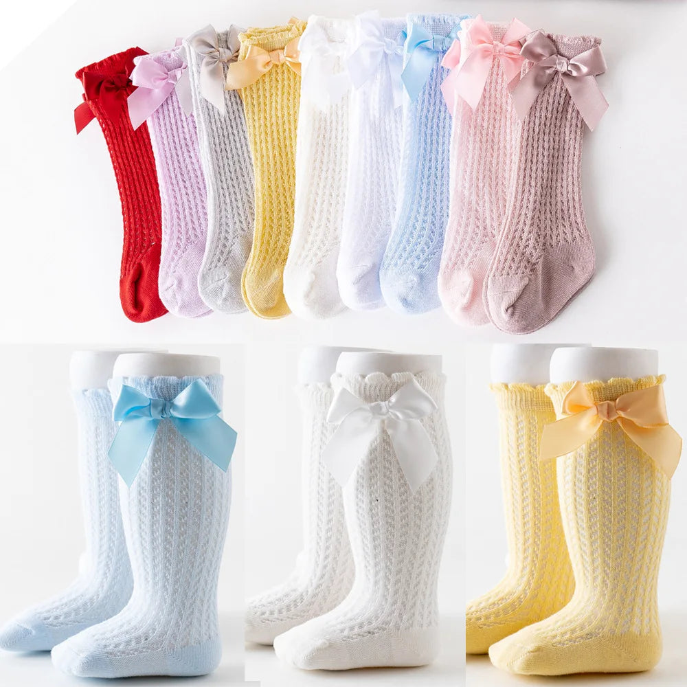 Limit quantity 0-2Y Children Girls Royal Style Bow Knee High Fishnet Socks Baby Toddler Bowknot Socks Kid Hollow Out Sock Sox