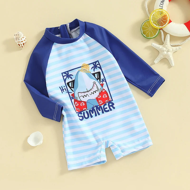 Children s Boys Summer Swimwear Cute Shark Print Short Sleeve Rash Guard Swimsuit Beachwear Bathing Suit for Kids