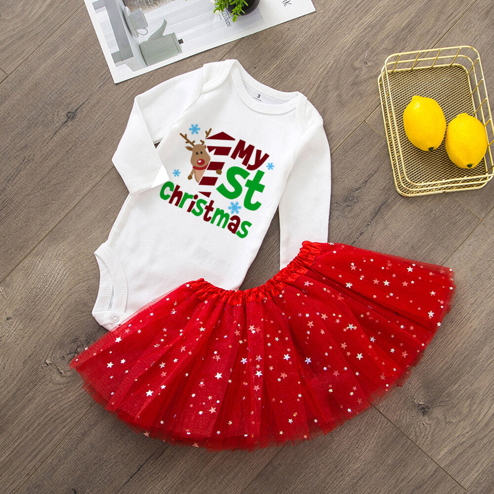 My 1St Christmas Baby Bodysuit Cake Dresses Set Infant Girls Long Sleeve Playsuit Tutu Skirts Clothes Toddler Xmas Party Outfits