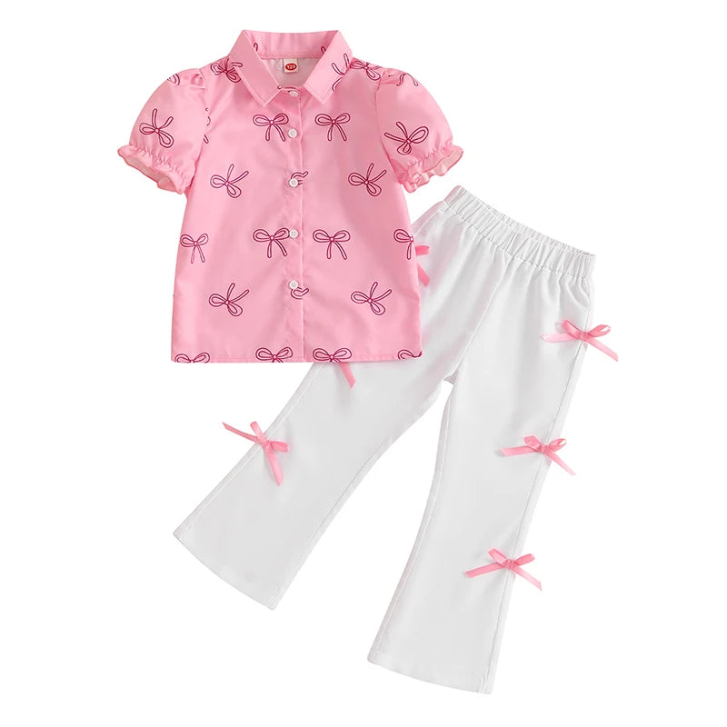Girls Summer Outfits Adorable Bow Print Short-Sleeve T-Shirt with Button-Up Detail and Elastic Flare Pants - 2-Piece Set for