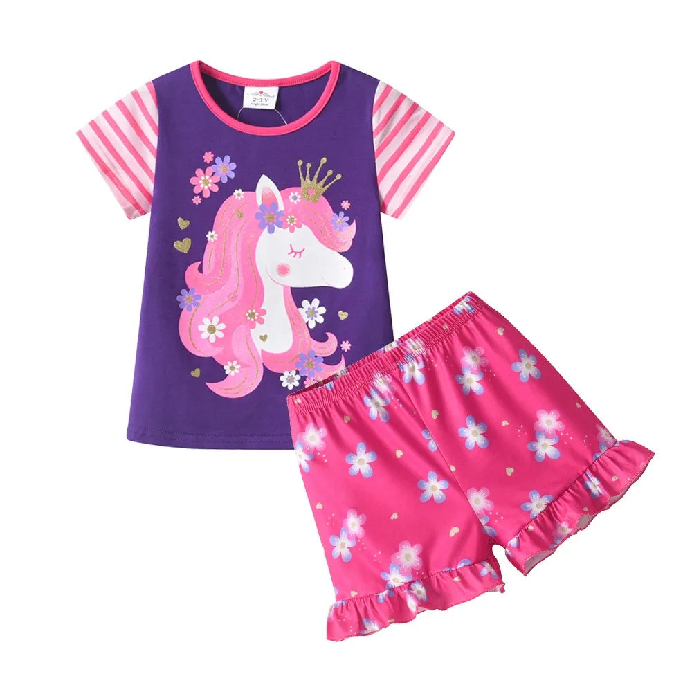 VIKITA Children Clothing Sets for Summer Kids Unicorn Flower Print Short Sleeve T Shirts and Shorts 2 Pcs Suit Clothes Sets