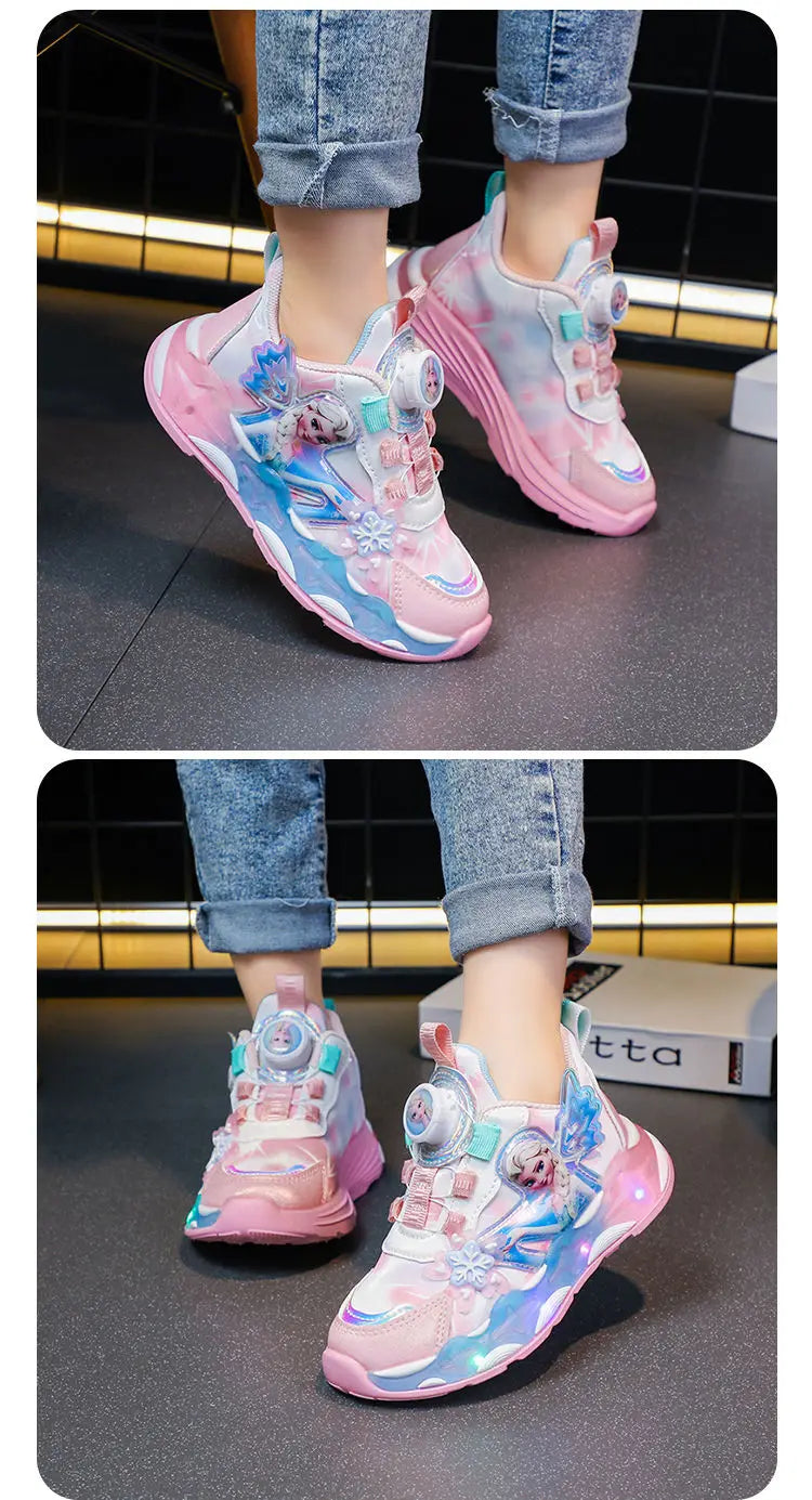 Disney LED Casual Sneakers Spring Girls Frozen Elsa Princess PU Leather Shoes Children Lighted Non-slip Pink Size 23-35