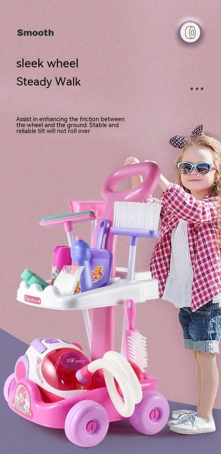 Housekeeping Cleaning Trolley Playset Caddy Includes Accessories and Toy Vacuum with Sounds and Lights Pretend Play for Girls