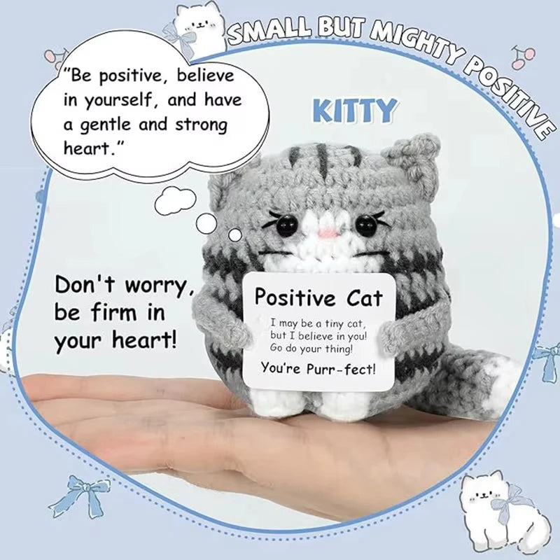 Handicrafts Positive Crochet Cat Mini Animal Emotional Cheer Up Support Gift,Funny Crochet Mini Handmade Cat Teen Festival Gift