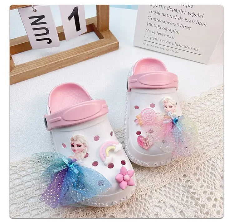 Disney Girls' Slippers Summer Princess Elsa Children's Girls Hole Shoes Summer Frozen Slippers Blue Pink Shoes Size 24-40