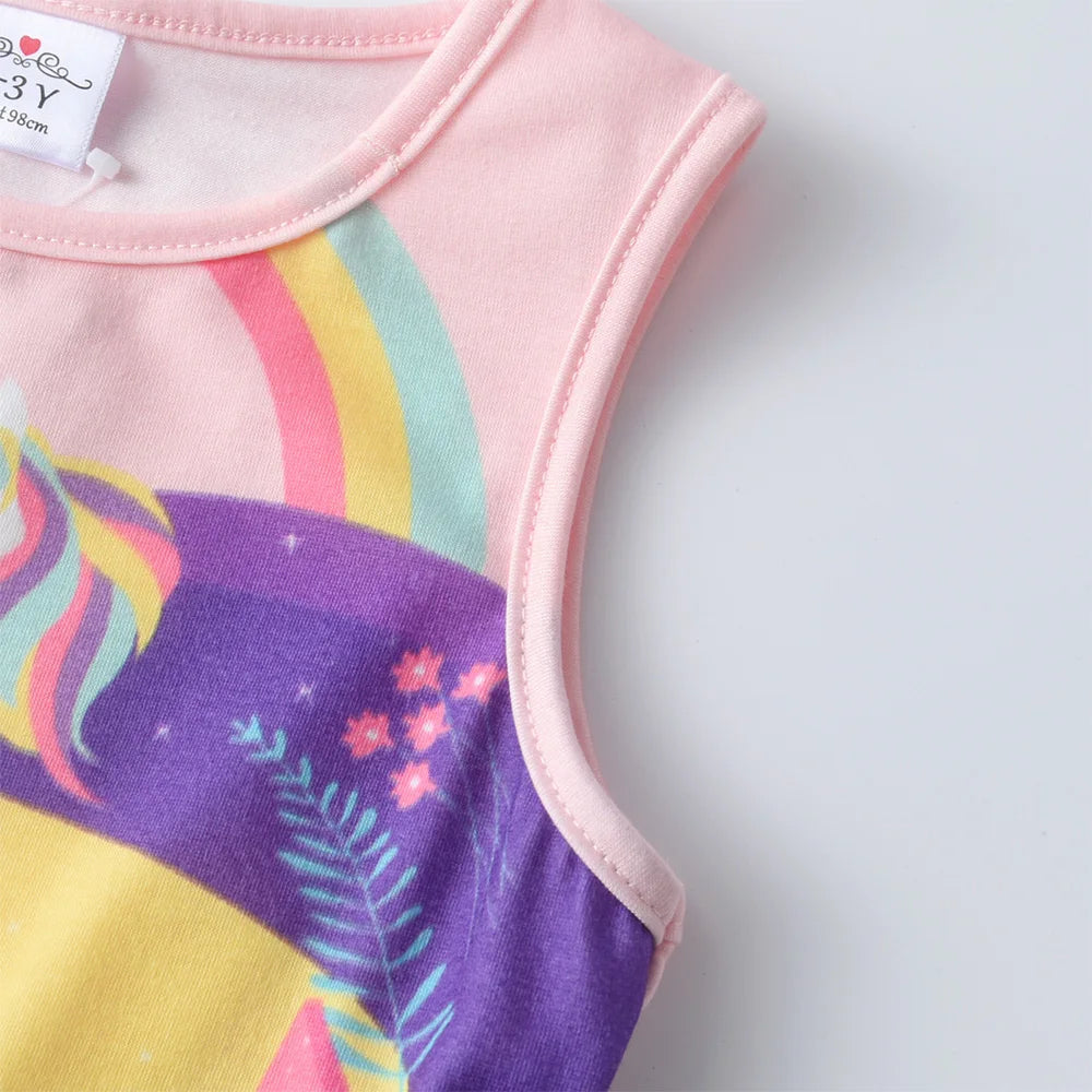 VIKITA Kids Unicorn Cartoon Print Dress Girls Sleeveless Summer Vestidos Kids Patchwork Purple Princess Mesh Tulle Party Dress