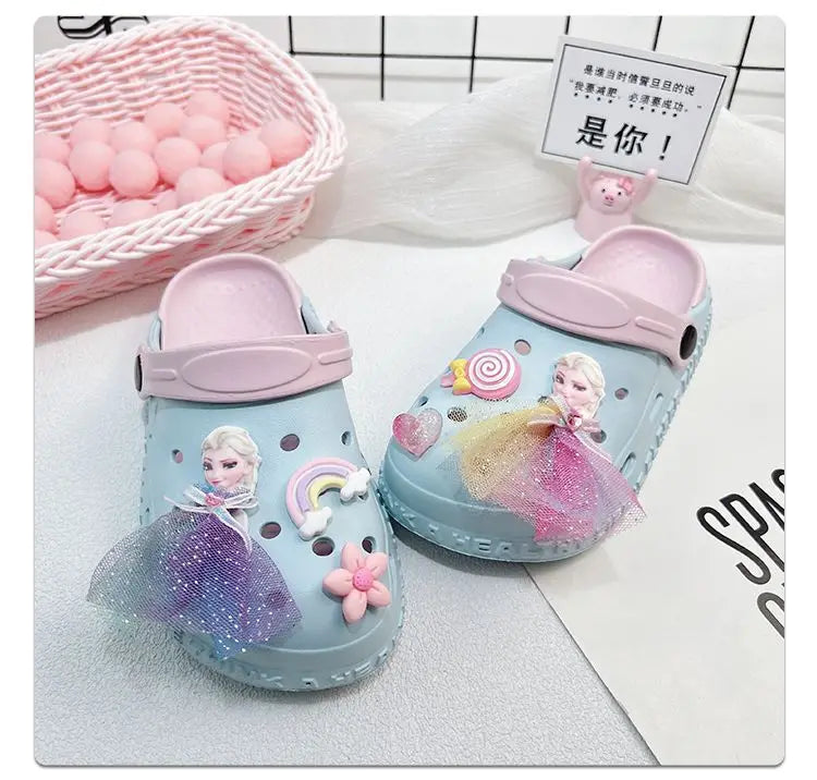 Disney Girls' Slippers Summer Princess Elsa Children's Girls Hole Shoes Summer Frozen Slippers Blue Pink Shoes Size 24-40