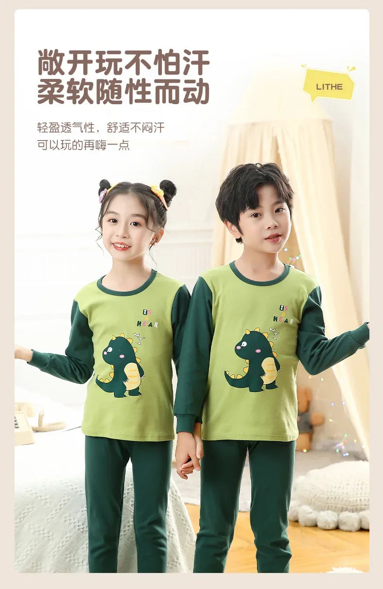 Children's Autumn Clothes and Pants Set for Boys and Girls Pure Cotton Thermal Underwear Pure Cotton Cotton Sweater Baby Pajamas
