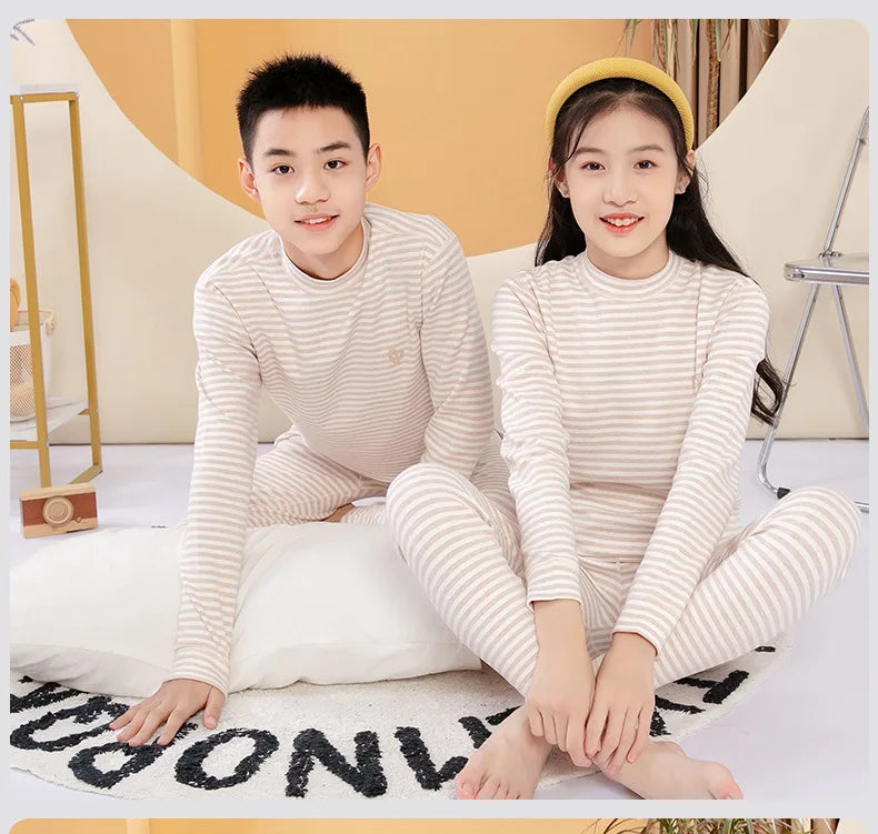 Thermal Underwear for Boys Cotton Thicken Warm Autumn Winter Teenage Children Underwears Set Solid Two Pieces Girls Clothing Set