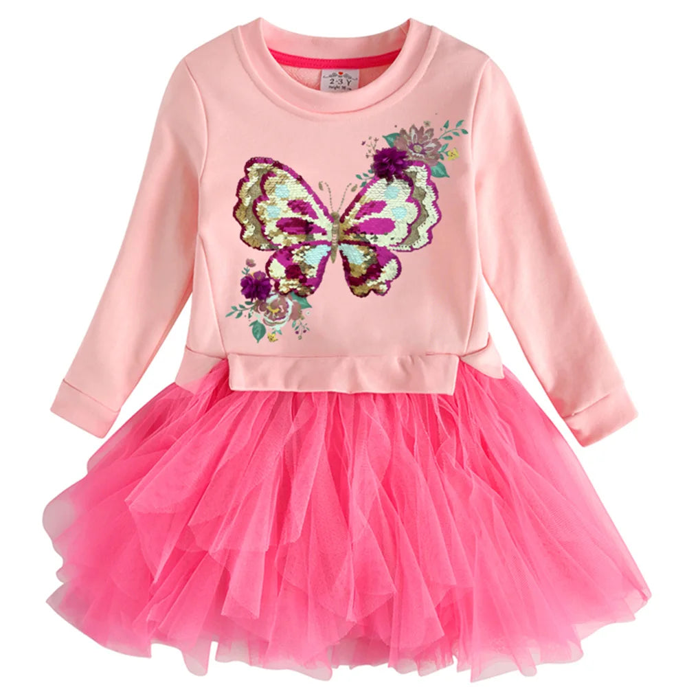 VIKITA Kids Hoodies Dress Girls Patchwork Pink Dresses Girls Sequined Butterfly Appliqued Mesh Tulle Princess Thick Tutu Dress