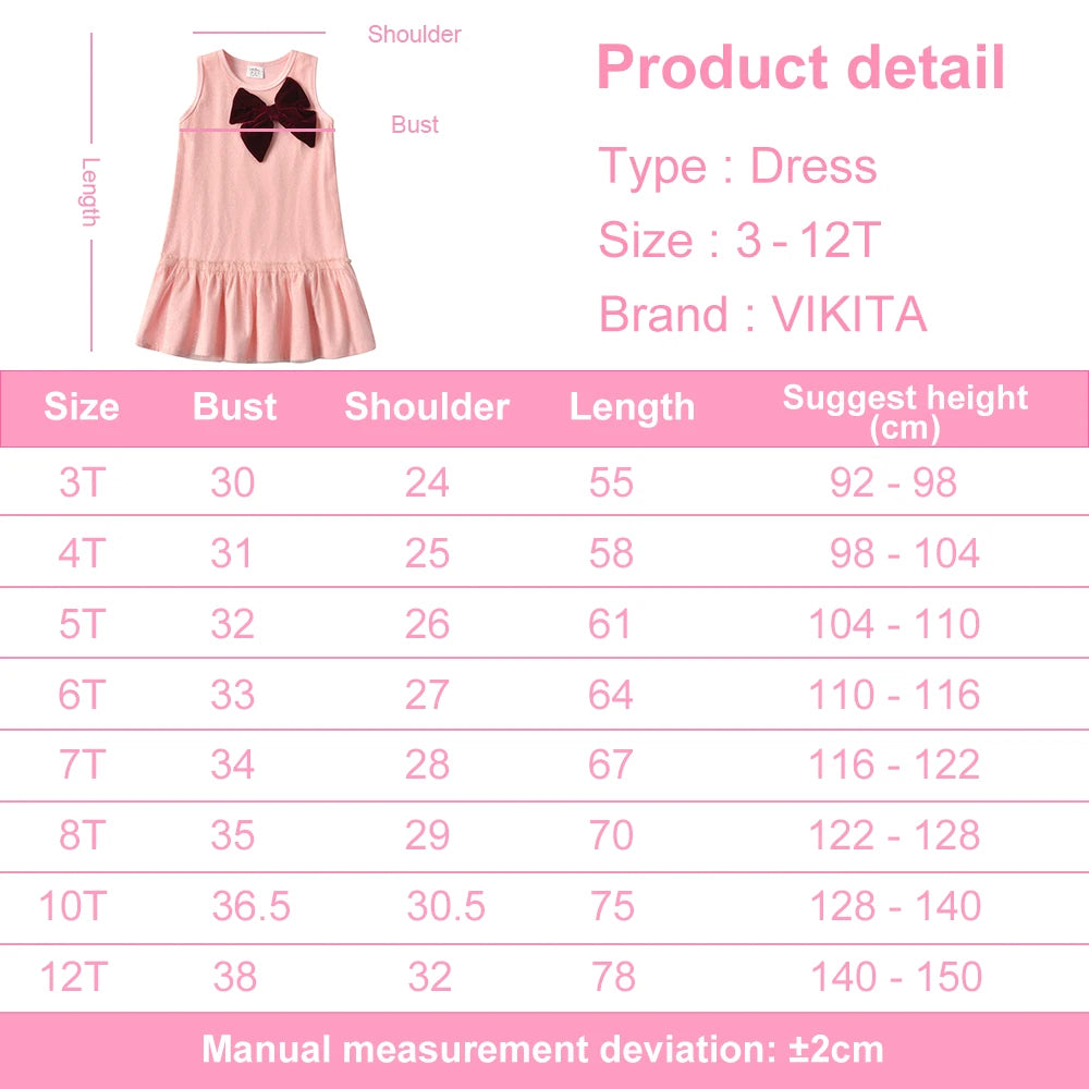 VIKITA Girl Pink Dress Kids Sleeveless Summer Vestidos Toddlers BowKnot Ruffles Cotton Casual Dresses Children Clothing 3-7 Yrs