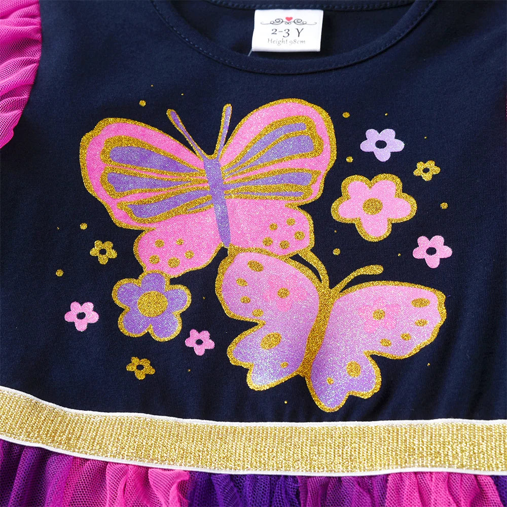 VIKITA Girls Autumn Spring Tutu Mesh Dress Kids Butterfly Flower Print Irregular Dresses Girl Birthday Party Princess Vestidos