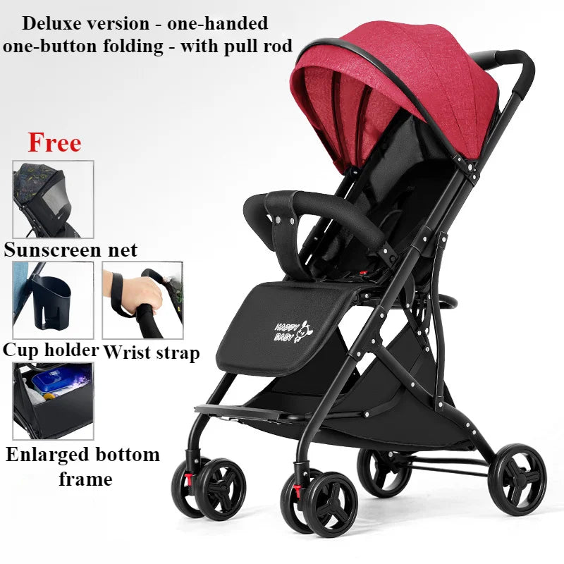 One Click Folding Baby Stroller Can Sit & Lying Foldable Portable Lightweight Baby Strolling Cart Large Space Adjustable Backset