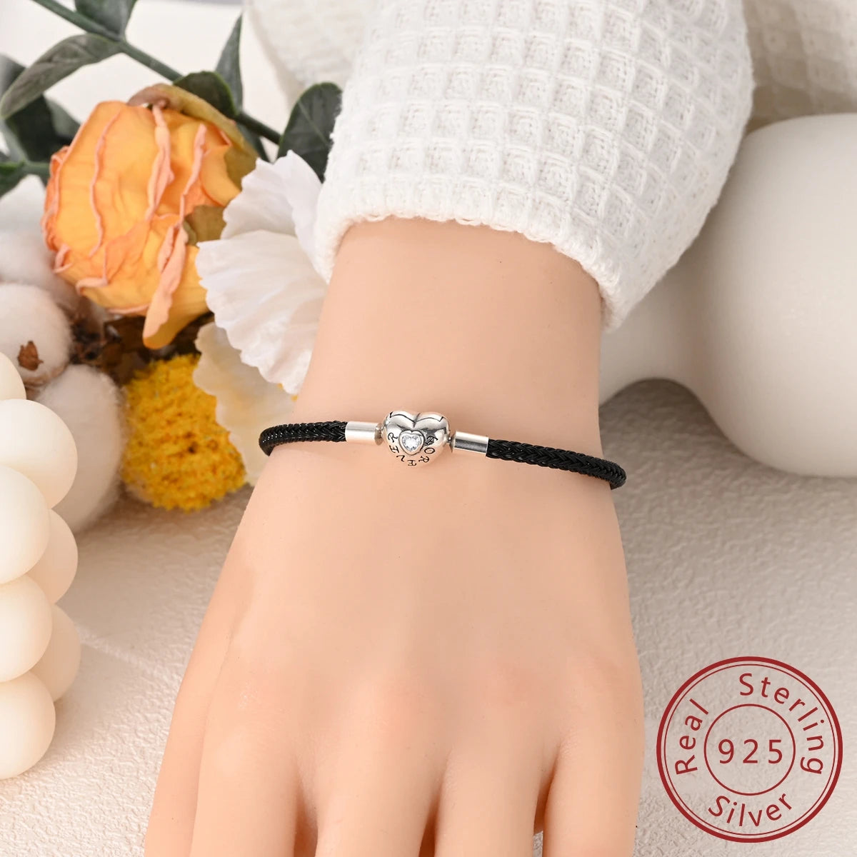 925 Sterling Silver Charm Bracelets For Woman Heart Shell Leather Rope Plait Bracelet Fit Beads Making  Fshion Jewelry Gift