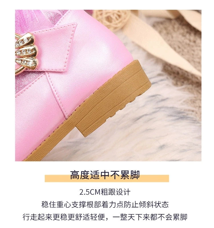 Disney Girls' Leather Boots Winter Cartoon Frozen Boots Zipper High Plush Princess Elsa Boots Warm Children's Boots Size 25-36