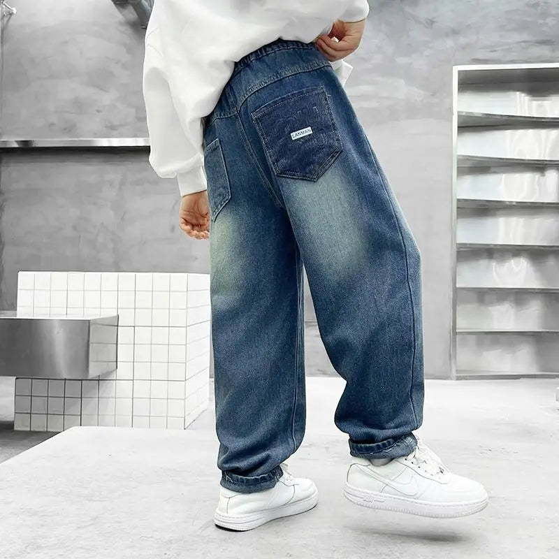 2025 New Boys' Loose Fit Jeans for Kids - Korean Style Washed Denim Long Pants, Trendy & Comfortable